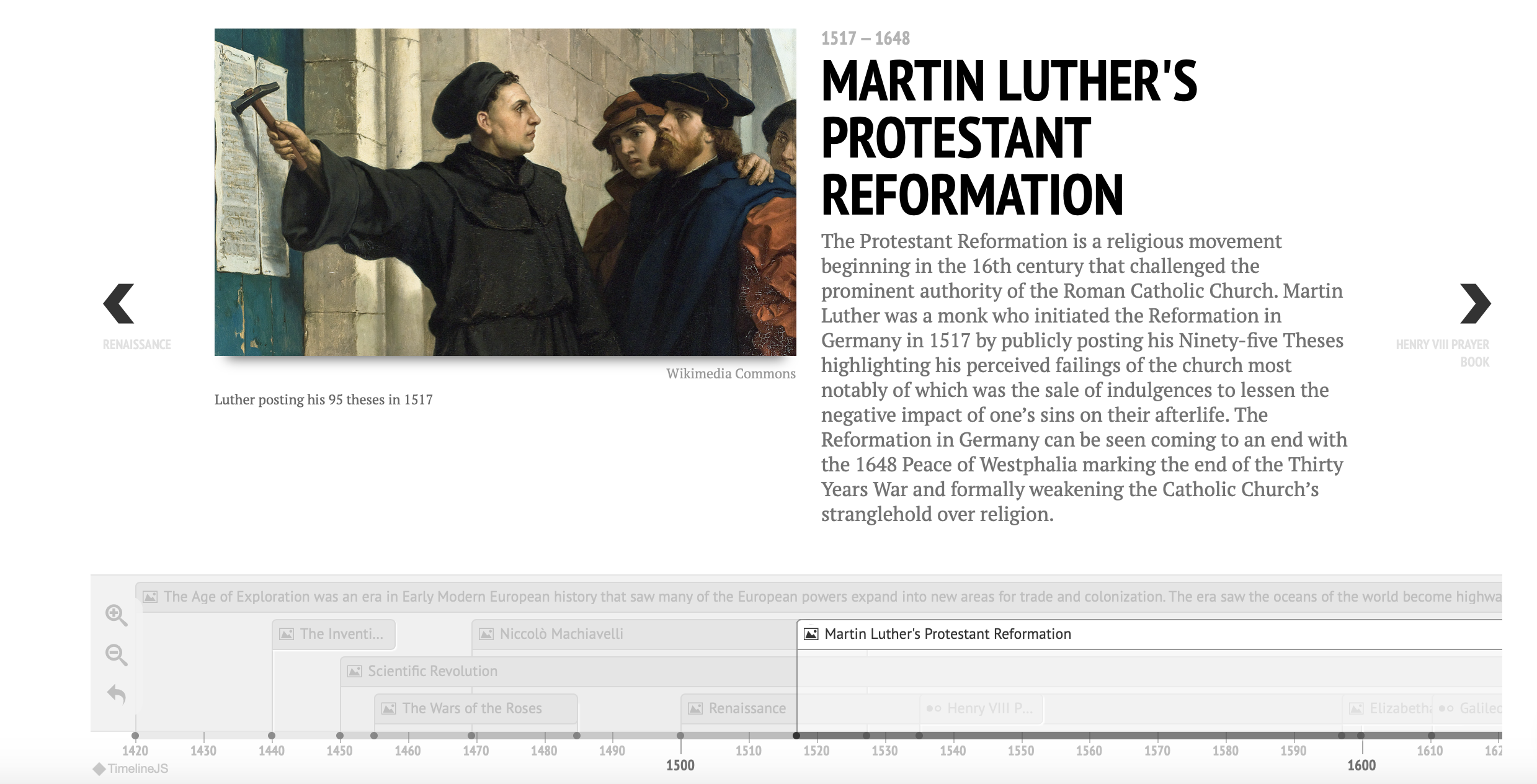 Timeline entry with painting of Martin Luther nailing edicts to a church door.