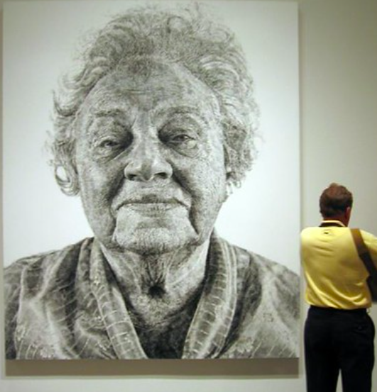 Photo realistic portrait of Chuck close. 
