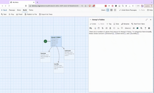 Looping screen recording of the author clicking on the "play" button in the menu, which opens a new tab with the fully formatted story preview. 