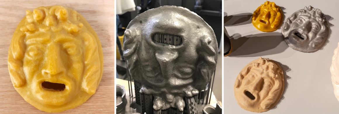 Three images depicting multiple versions of the Theatre mask in yellow PLA, titanium and wood PLA.