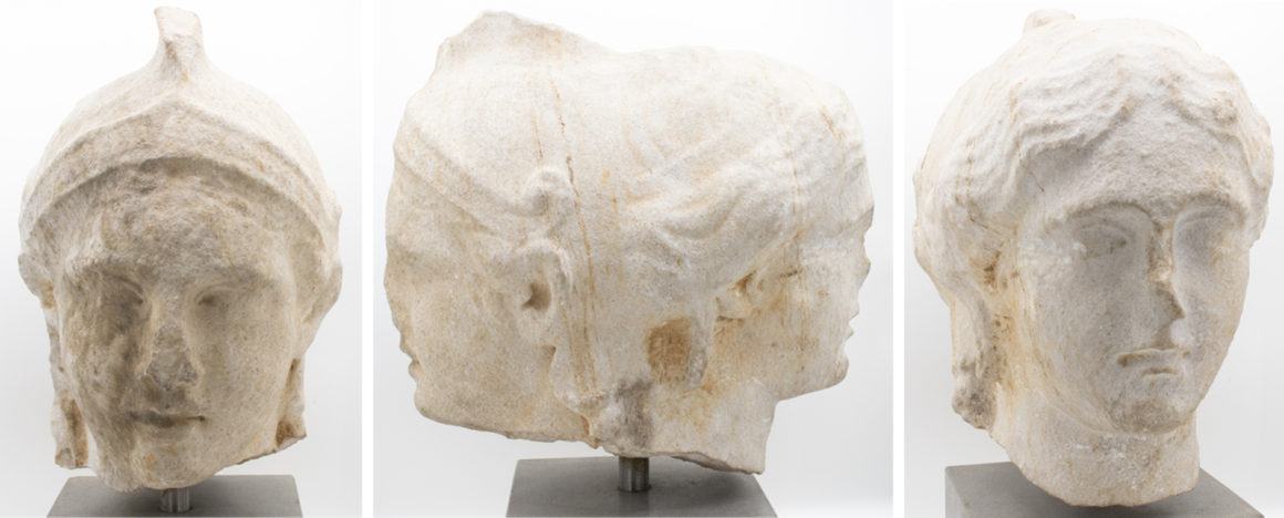 Three images depicting a two headed Theseus and Ariadne sculpture, including two portrait views and a side profile view.