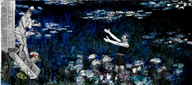 Man standing waste deep in a pond of water lilies coaxes a woman in nineteen century bathing costume off her bather machine.