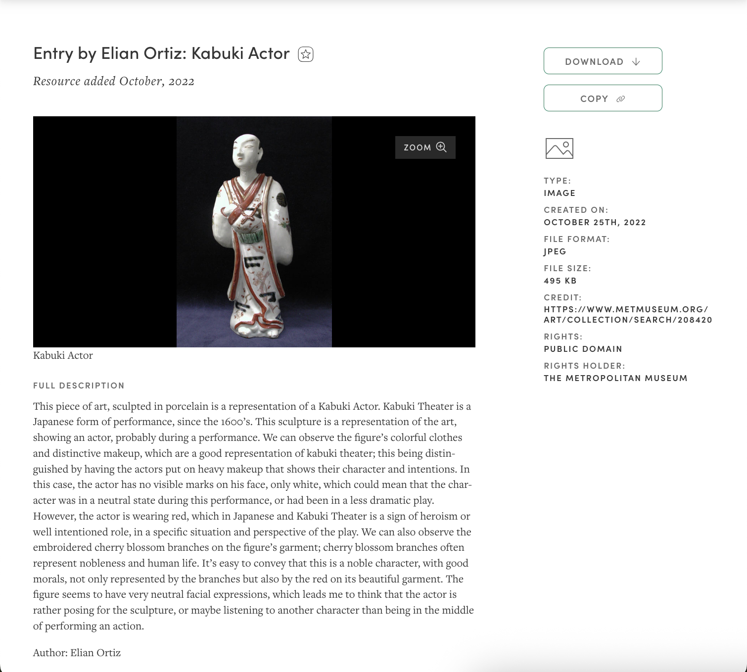 Screenshot of a student’s catalog entry on Manifold featuring a porcelain miniature of a Kabuki actor. The entry includes an image of the archival object at the top, followed by descriptive text written by the student that analyzes the object’s significance within theater history and culture. The page layout displays the typical Manifold resource format, with visual materials shown above the student’s written analysis.