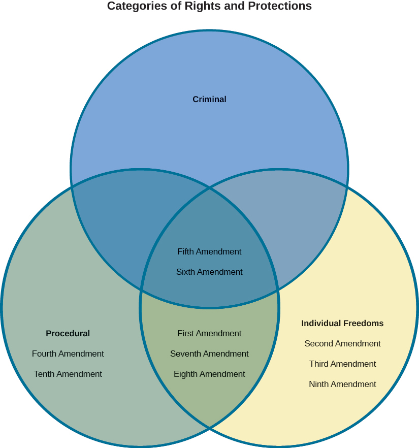 A Venn Diagram labeled “Categories of Rights and Protections”. The top circle of the diagram is labeled “Criminal”, the circle on the left is labeled “Procedural”, and the circle on the right is labeled “Individual Freedoms”. The values “Fifth Amendment” and “Sixth Amendment” are shown in the center of the diagram where all three circles overlap. The values “Fourth Amendment” and “Tenth Amendment” are shown in the circle on the left labeled “Procedural”. The values “First Amendment”, “Seventh Amendment”, and “Eighth Amendment” are shown at the bottom of the diagram where the circles labeled “Procedural” and “Individual Freedoms” overlap. The values “Second Amendment”, “Third Amendment”, and “Ninth Amendment” are shown in the circle on the right labeled “Individual Freedoms”.