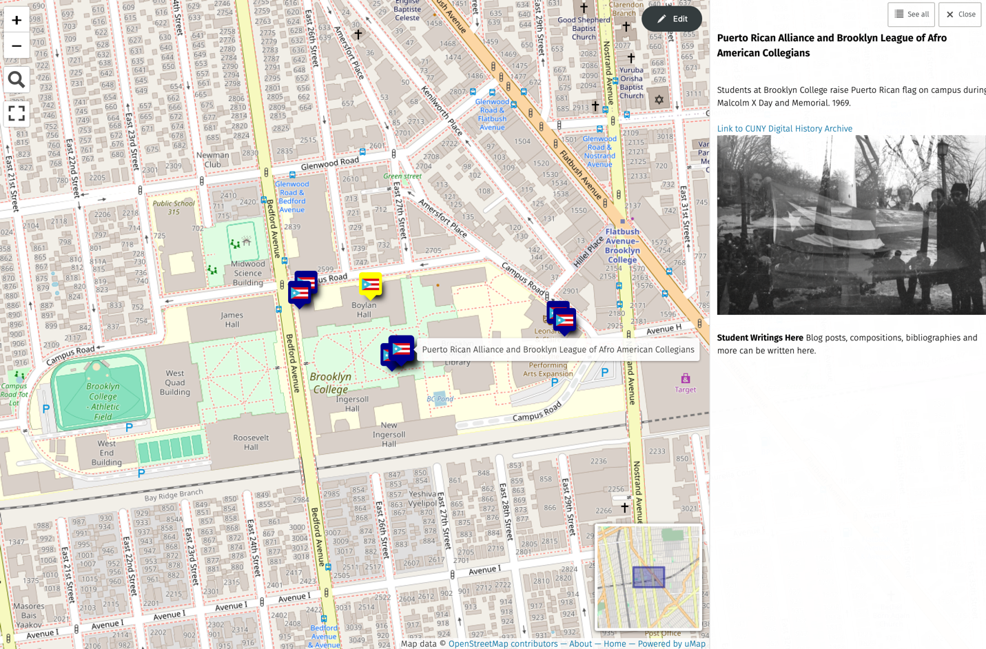 A screenshot of a map with 6 blue markers and 1 yellow marker. An overexposed image of people holding up two flags on the right sidebar  indicates archival information. 