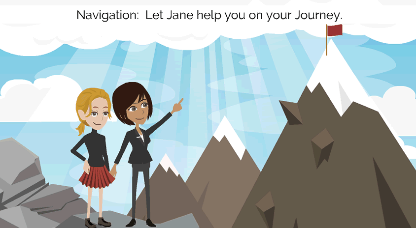 Two women are on a mountain. One of the women is pointing at a flag on a mountain top.