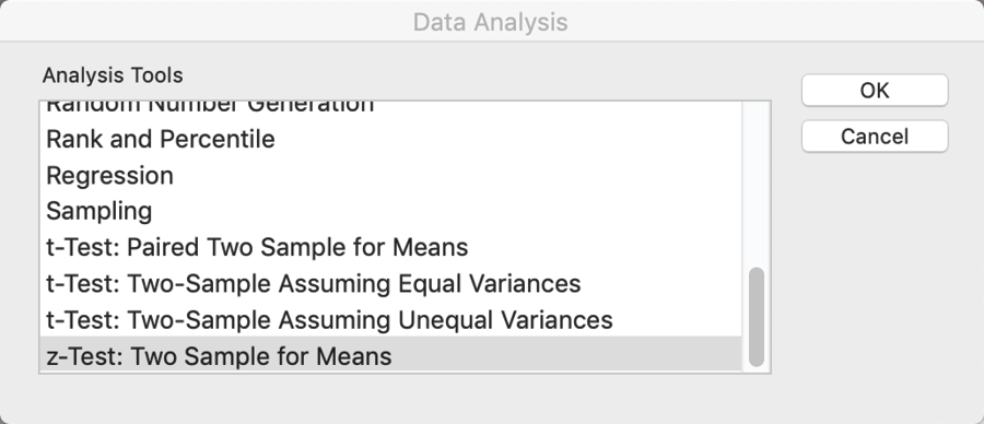 Select z-Test Two Sample for Means