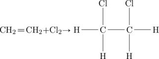 \chemfig{\ce{CH2}=\ce{CH2}}+\ce{Cl2}\rightarrow \chemfig{H-C(-[:90]Cl)(-[:-90]H)-C(-[:90]Cl)(-[:-90]H)-H}