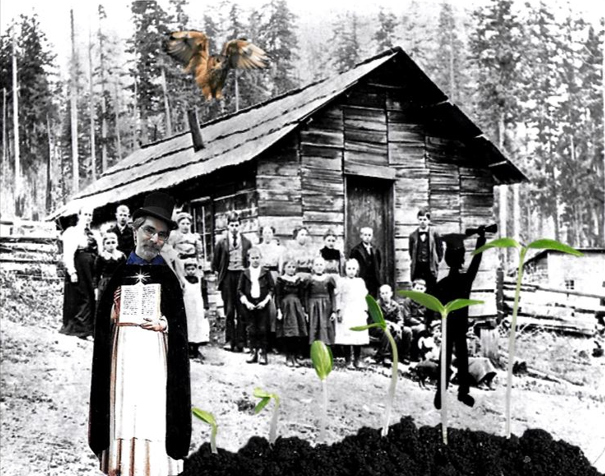Clark Iverson dressed as St. Thomas Aquinas stands in front of a one room school in Eatonville, Washington. 