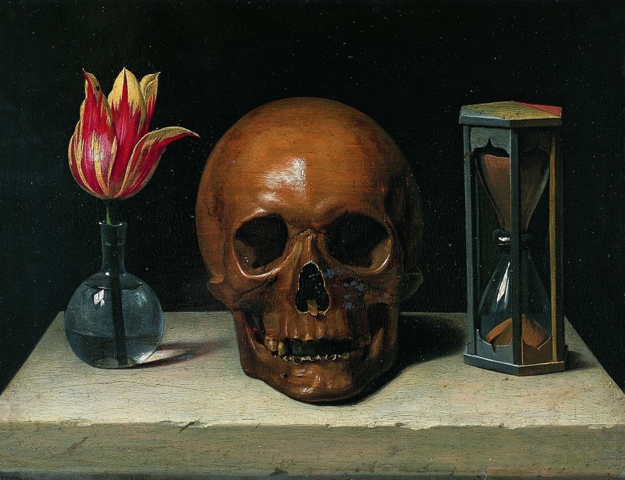 A skull and a flower next to a hourglass

Description automatically generated