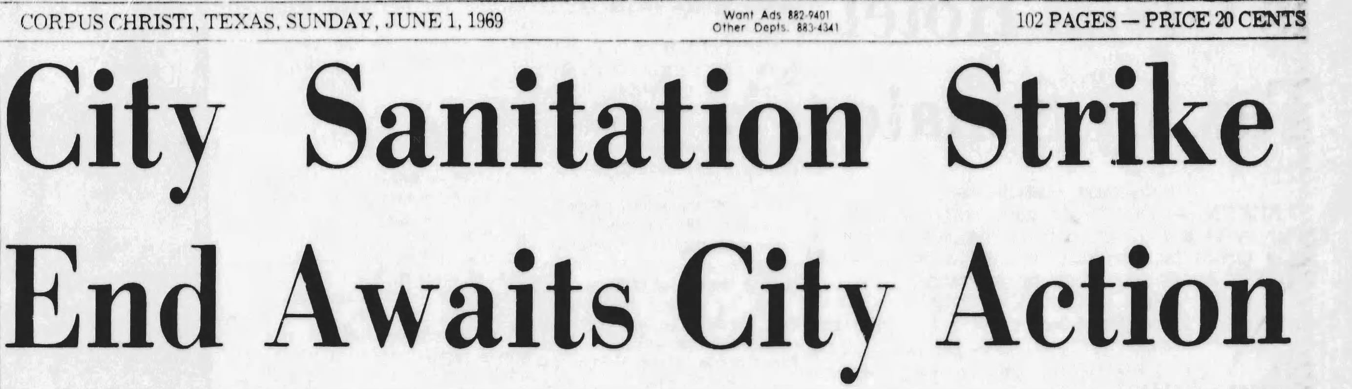 Newspaper headline from the Corpus Christi Times reading "City Sanitation Strike End Awaits City Action"