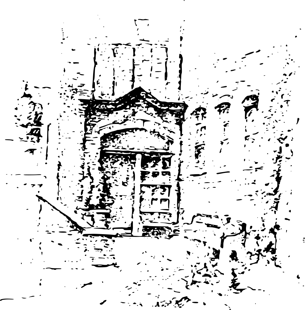 An illustration of the ornate front door of a building.