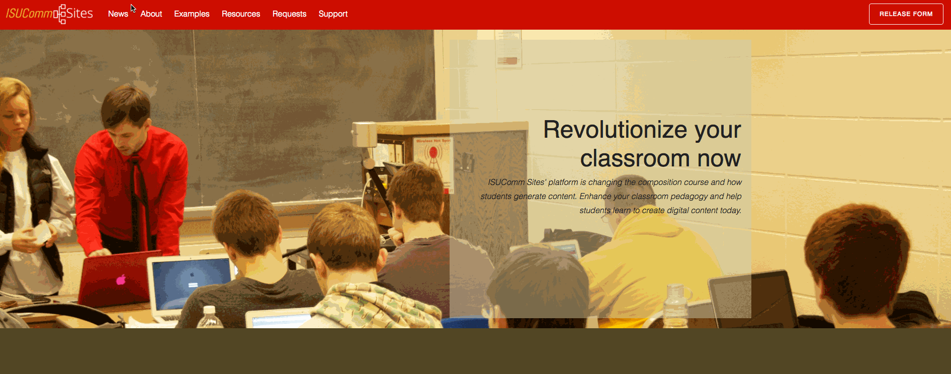 This image shows the homepage of ISUComm Sites. Tabs in the menu include “Home, News, About, Examples, Resources, Requests, and Support.” The Resources tab has been expanded in the image, displaying “Quick Start, WordPress, Video Training, Pedagogy, and Authorization and Release Form” as options.