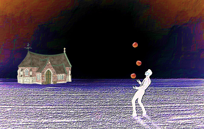 A male student juggles three red apples in from a schoolhouse.