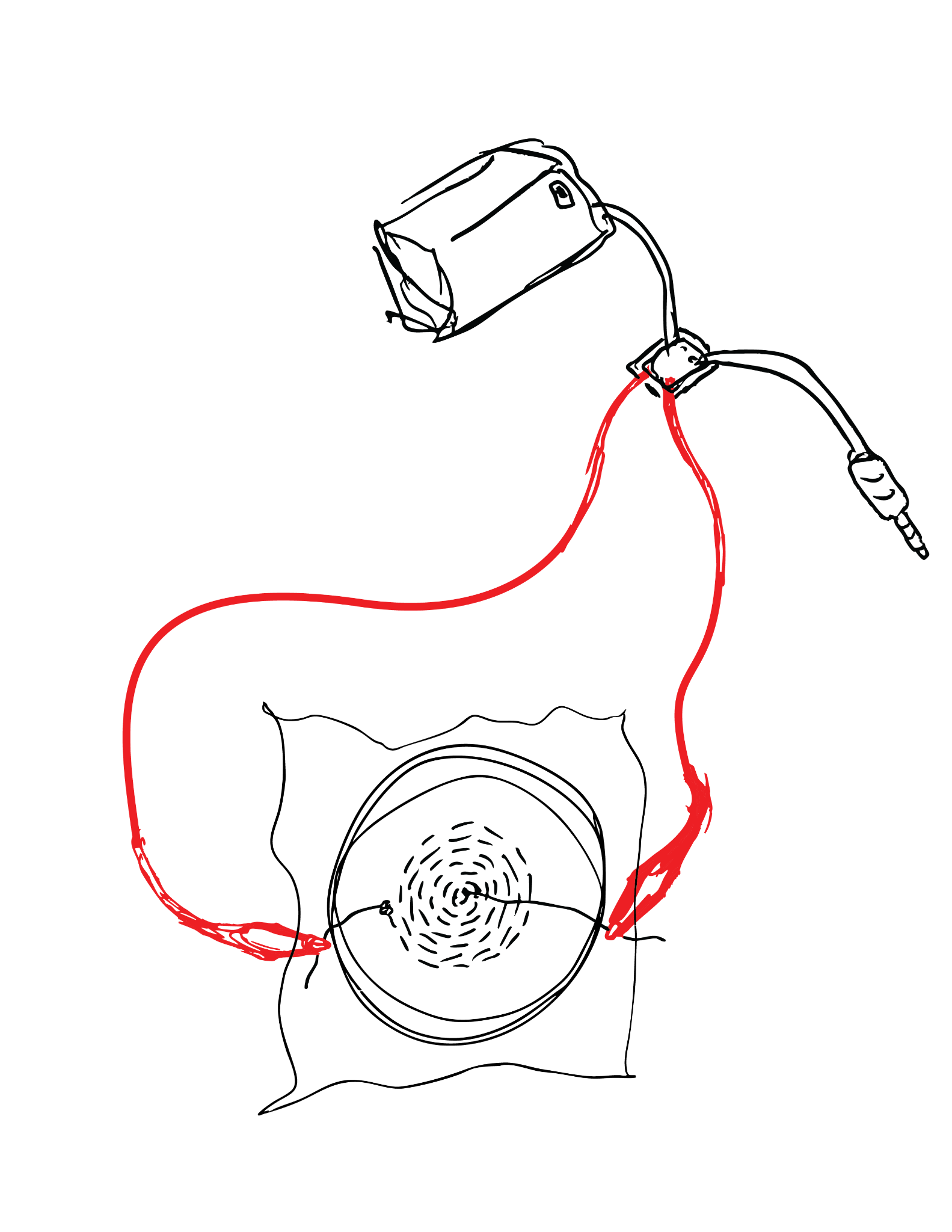 A black and white illustration of the stitched embroidery hoop connected to the red alligator clips, which are connected to the amplifier circuit, with the battery pack and audio cable visible.