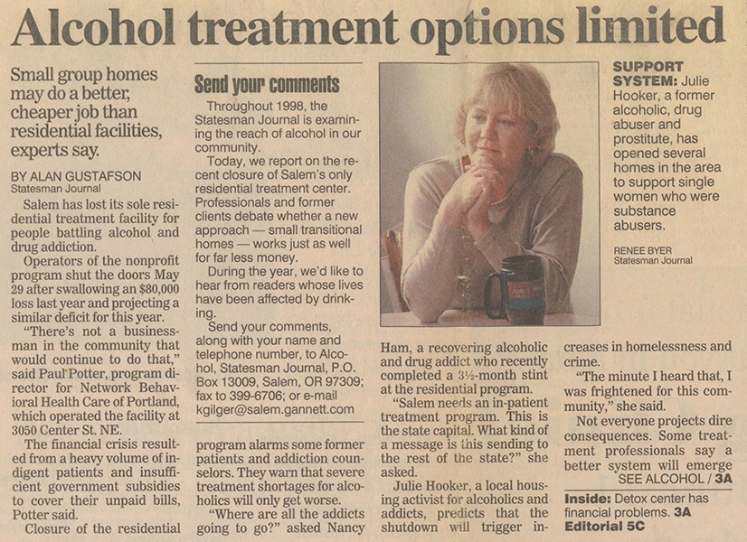 Two pages from a newspaper article, the first headline reads, “Alcohol Treatment Options Limited,” with a photo of Julie Hooker, hands clasped and eyes looking slightly sideways, reflectively. The second part of the article is headlined, “Group Living Helps Heal Addiction,” and features a large photo of a woman, Nancy Ham, putting makeup on in front of a mirror in her bedroom.