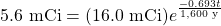 5.6\text{ mCi}=(16.0\text{ mCi})e^{\frac{-0.693t}{1,600\text{ y}}}