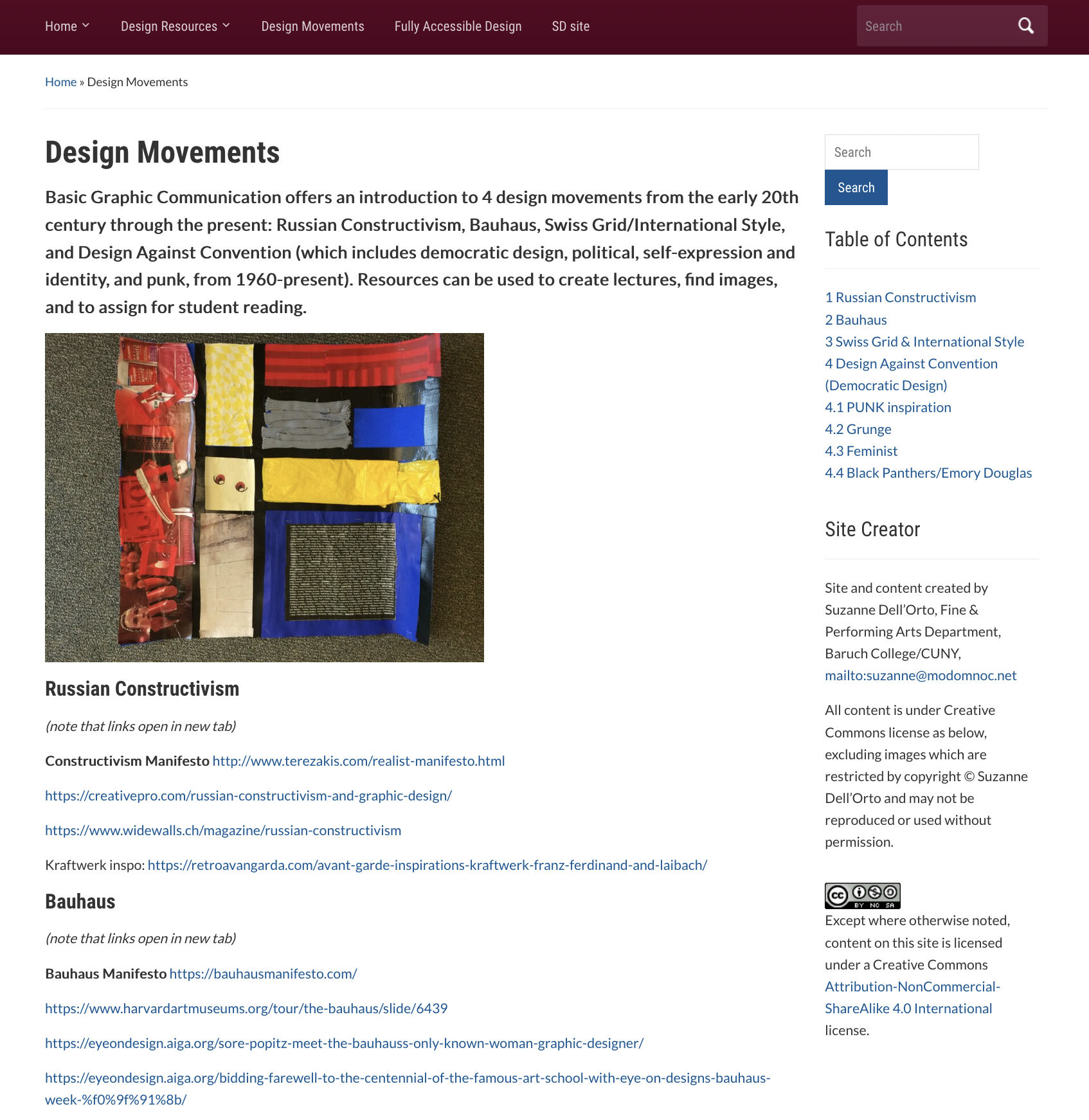 Basic Graphic Communication: Baruch College, CUNY website: Design Movement page including research and reading links, and images. 