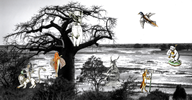 An eagle in a tree watches other animals such as a fish climbing a tree doing things that they would not naturally do. 