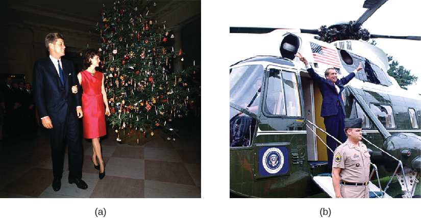 Image A is a photo of John F. Kennedy and Jacqueline Kennedy. Image B is a photo of Richard Nixon standing in front of a helicopter making “V for Victory” signs with his hands.