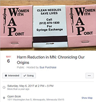 One pink and one white set of matches with Women with a Point contact information, safe use information, and syringe exchange information printed on the back. Graphic of a needle on the front. Titled ‘Clean Needles Save Lives’ and ‘Never Share Syringes.