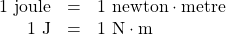 \begin{array}{rrl} 1\text{ joule}&=&1\text{ newton}\cdot \text{metre} \\ 1\text{ J}&=&1\text{ N}\cdot \text{m} \end{array}