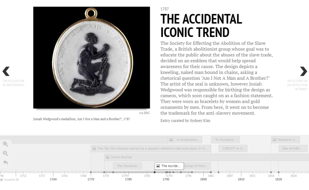 Timeline entry with illustration of Wedgewood medallion of a kneeling slave.