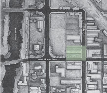 Plan drawing shows farmers market pavilion's location with a colored square.