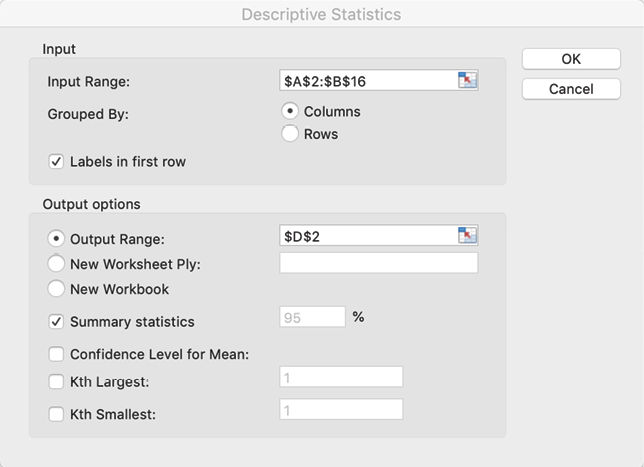 Descriptive statistics dialog box