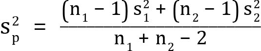 <mml:math xmlns:mml="http://www.w3.org/1998/Math/MathML" xmlns:m="http://schemas.openxmlformats.org/officeDocument/2006/math" display="block"><mml:msubsup><mml:mrow><mml:mi mathvariant="normal">s</mml:mi></mml:mrow><mml:mrow><mml:mi mathvariant="normal">p</mml:mi></mml:mrow><mml:mrow><mml:mn>2</mml:mn></mml:mrow></mml:msubsup><mml:mo>=</mml:mo><mml:mfrac><mml:mrow><mml:mfenced separators="|"><mml:mrow><mml:msub><mml:mrow><mml:mi mathvariant="normal">n</mml:mi></mml:mrow><mml:mrow><mml:mn>1</mml:mn></mml:mrow></mml:msub><mml:mo>-</mml:mo><mml:mn>1</mml:mn></mml:mrow></mml:mfenced><mml:msubsup><mml:mrow><mml:mi mathvariant="normal">s</mml:mi></mml:mrow><mml:mrow><mml:mn>1</mml:mn></mml:mrow><mml:mrow><mml:mn>2</mml:mn></mml:mrow></mml:msubsup><mml:mo>+</mml:mo><mml:mfenced separators="|"><mml:mrow><mml:msub><mml:mrow><mml:mi mathvariant="normal">n</mml:mi></mml:mrow><mml:mrow><mml:mn>2</mml:mn></mml:mrow></mml:msub><mml:mo>-</mml:mo><mml:mn>1</mml:mn></mml:mrow></mml:mfenced><mml:msubsup><mml:mrow><mml:mi mathvariant="normal">s</mml:mi></mml:mrow><mml:mrow><mml:mn>2</mml:mn></mml:mrow><mml:mrow><mml:mn>2</mml:mn></mml:mrow></mml:msubsup></mml:mrow><mml:mrow><mml:msub><mml:mrow><mml:mi mathvariant="normal">n</mml:mi></mml:mrow><mml:mrow><mml:mn>1</mml:mn></mml:mrow></mml:msub><mml:mo>+</mml:mo><mml:msub><mml:mrow><mml:mi mathvariant="normal">n</mml:mi></mml:mrow><mml:mrow><mml:mn>2</mml:mn></mml:mrow></mml:msub><mml:mo>-</mml:mo><mml:mn>2</mml:mn></mml:mrow></mml:mfrac></mml:math>