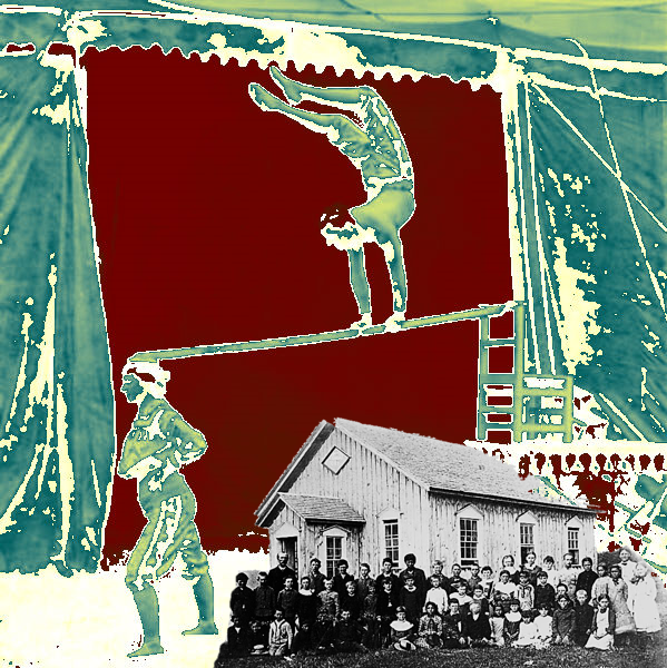 Two nineteenth century circus performers perform over an 1881 Edmonton school built in 1881.