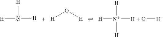 \begin{array}{ccccc} \chemfig{H-\Lewis{6:,N}(-[:90]H)-H}&+&\chemfig{H-[:30]O-[:-30]H} &\rightleftharpoons & \chemfig{H-N^+(-[:90]H)(-[:-90]H)-H}+\chemfig{O-H^{-}}} \end{array}