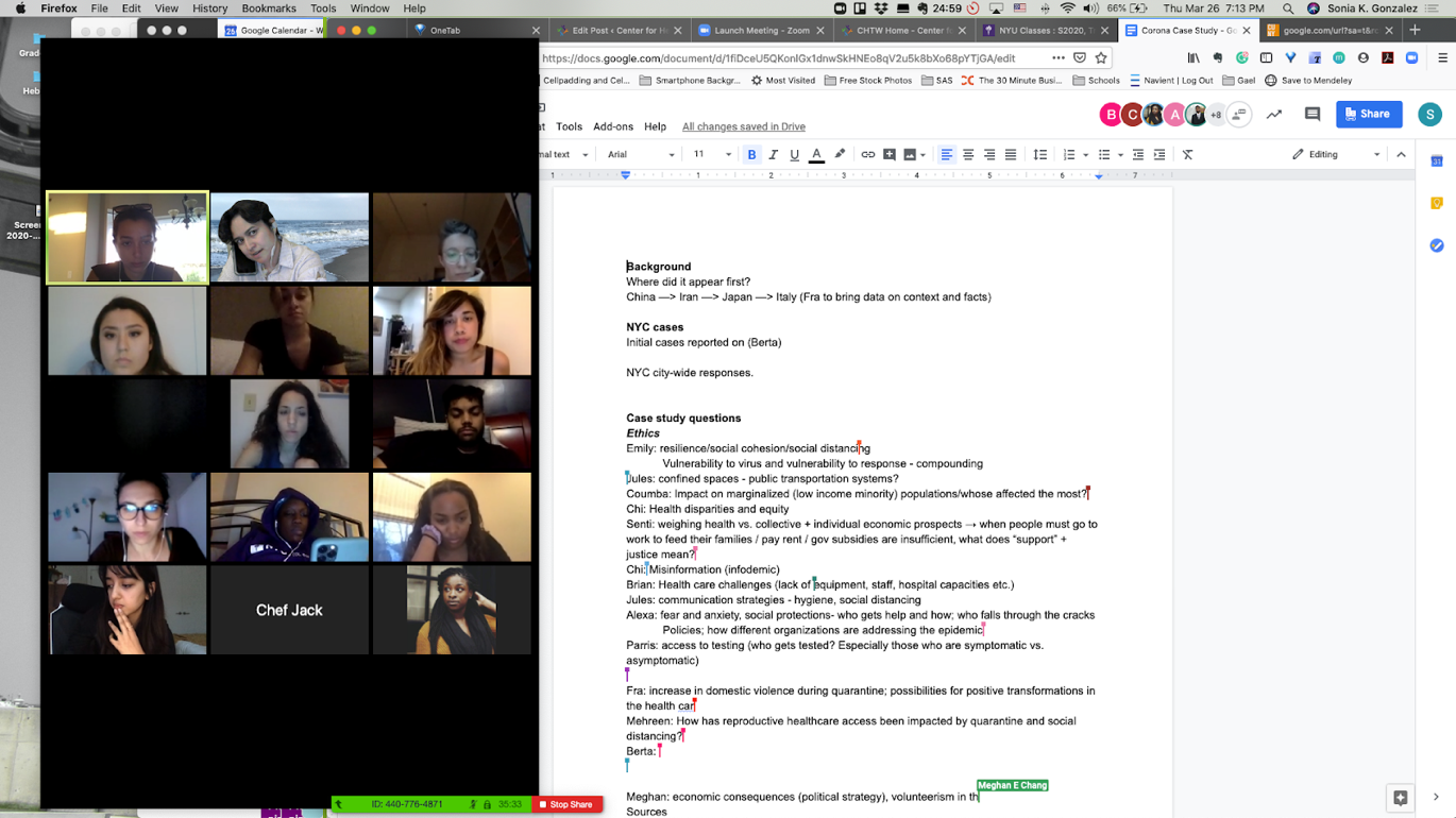 Outline being fleshed out by students in real time using Google Docs including Background, NYC Cases, Case Study Ethical Questions. Students are visible in videoconferenceing squares.
