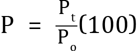 <mml:math xmlns:mml="http://www.w3.org/1998/Math/MathML" xmlns:m="http://schemas.openxmlformats.org/officeDocument/2006/math" display="block"><mml:mi mathvariant="normal">P</mml:mi><mml:mo>=</mml:mo><mml:mfrac><mml:mrow><mml:msub><mml:mrow><mml:mi mathvariant="normal">P</mml:mi></mml:mrow><mml:mrow><mml:mi mathvariant="normal">t</mml:mi></mml:mrow></mml:msub></mml:mrow><mml:mrow><mml:msub><mml:mrow><mml:mi mathvariant="normal">P</mml:mi></mml:mrow><mml:mrow><mml:mi mathvariant="normal">o</mml:mi></mml:mrow></mml:msub></mml:mrow></mml:mfrac><mml:mfenced separators="|"><mml:mrow><mml:mn>100</mml:mn></mml:mrow></mml:mfenced></mml:math>
