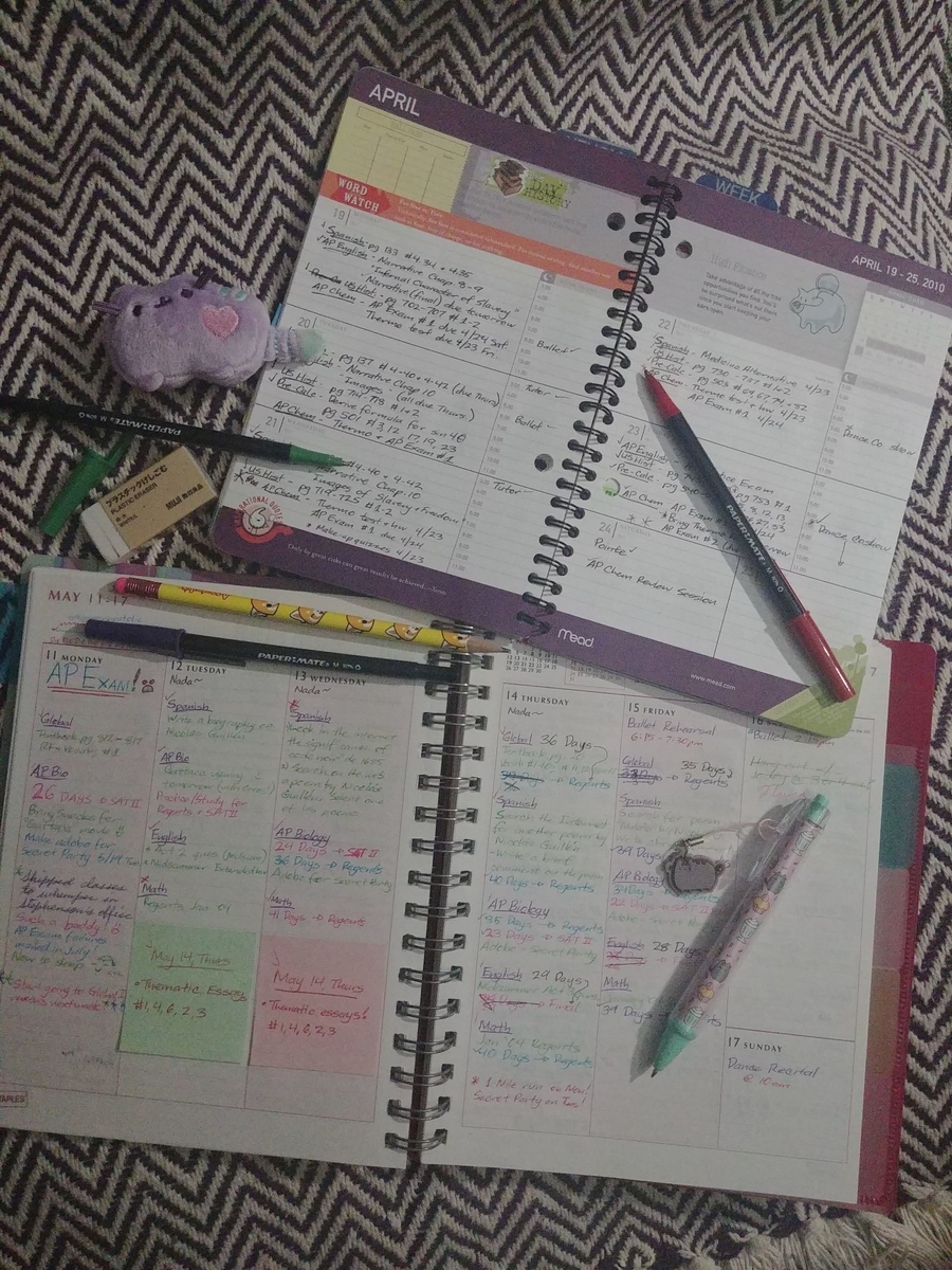 Photo of two academic planners from 2009 and 2010. Various writing utensils scattered. Both planners are opened to show my typical high school schedule and weekly agenda, filled with class assignments and reminders.