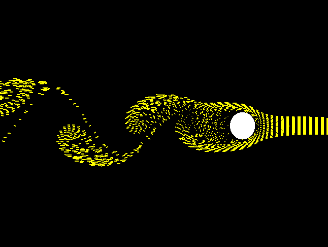 Fluid moves around a sphere and curls toward the sphere on the back side before forming a vortex that detaches from the sphere and swirls away downstream.