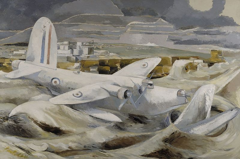 A Sunderland flying boat on a stormy sea off the coast of Portland. Part of a U-Boat is visable in front of the plane.