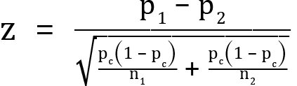 <mml:math xmlns:mml="http://www.w3.org/1998/Math/MathML" xmlns:m="http://schemas.openxmlformats.org/officeDocument/2006/math" display="block"><mml:mi mathvariant="normal">z</mml:mi><mml:mo>=</mml:mo><mml:mfrac><mml:mrow><mml:msub><mml:mrow><mml:mi mathvariant="normal">p</mml:mi></mml:mrow><mml:mrow><mml:mn>1</mml:mn></mml:mrow></mml:msub><mml:mo>-</mml:mo><mml:msub><mml:mrow><mml:mi mathvariant="normal">p</mml:mi></mml:mrow><mml:mrow><mml:mn>2</mml:mn></mml:mrow></mml:msub></mml:mrow><mml:mrow><mml:msqrt><mml:mfrac><mml:mrow><mml:msub><mml:mrow><mml:msub><mml:mrow><mml:mi mathvariant="normal">p</mml:mi></mml:mrow><mml:mrow><mml:mi mathvariant="normal">c</mml:mi></mml:mrow></mml:msub><mml:mo>(</mml:mo><mml:mn>1</mml:mn><mml:mo>-</mml:mo><mml:mi mathvariant="normal">p</mml:mi></mml:mrow><mml:mrow><mml:mi mathvariant="normal">c</mml:mi></mml:mrow></mml:msub><mml:mo>)</mml:mo></mml:mrow><mml:mrow><mml:msub><mml:mrow><mml:mi mathvariant="normal">n</mml:mi></mml:mrow><mml:mrow><mml:mn>1</mml:mn></mml:mrow></mml:msub></mml:mrow></mml:mfrac><mml:mo>+</mml:mo><mml:mfrac><mml:mrow><mml:msub><mml:mrow><mml:msub><mml:mrow><mml:mi mathvariant="normal">p</mml:mi></mml:mrow><mml:mrow><mml:mi mathvariant="normal">c</mml:mi></mml:mrow></mml:msub><mml:mo>(</mml:mo><mml:mn>1</mml:mn><mml:mo>-</mml:mo><mml:mi mathvariant="normal">p</mml:mi></mml:mrow><mml:mrow><mml:mi mathvariant="normal">c</mml:mi></mml:mrow></mml:msub><mml:mo>)</mml:mo></mml:mrow><mml:mrow><mml:msub><mml:mrow><mml:mi mathvariant="normal">n</mml:mi></mml:mrow><mml:mrow><mml:mn>2</mml:mn></mml:mrow></mml:msub></mml:mrow></mml:mfrac></mml:msqrt></mml:mrow></mml:mfrac></mml:math>