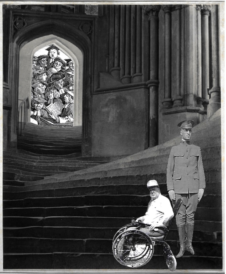 George Spinning as both a soldier and man in wheelchair stand at bottom of a flight of steps leading to academic lecture.