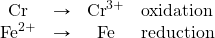 \begin{array}{cccl} \ce{Cr}&\rightarrow&\ce{Cr^{3+}}&\text{oxidation} \\ \ce{Fe^2+}&\rightarrow&\ce{Fe}&\text{reduction} \end{array}