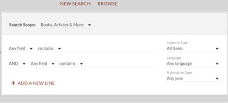 A webpage screenshot of an advanced search field from a library website.
