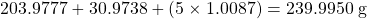 203.9777+30.9738+(5\times 1.0087)=239.9950\text{ g}