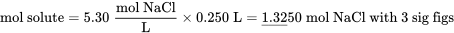 \text{mol solute} = 5.30 \;\frac{\text{mol NaCl}}{\text{L}} \times 0.250 \;\text{L} = \underline{1.32}50 \;\text{mol NaCl with 3 sig figs}