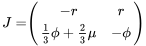 \begin{align*} J=&\left( \begin{array}{cc} -r & r\\ \frac{1}{3}\phi+\frac{2}{3}\mu & -\phi \end{array} \right) \end{align*}