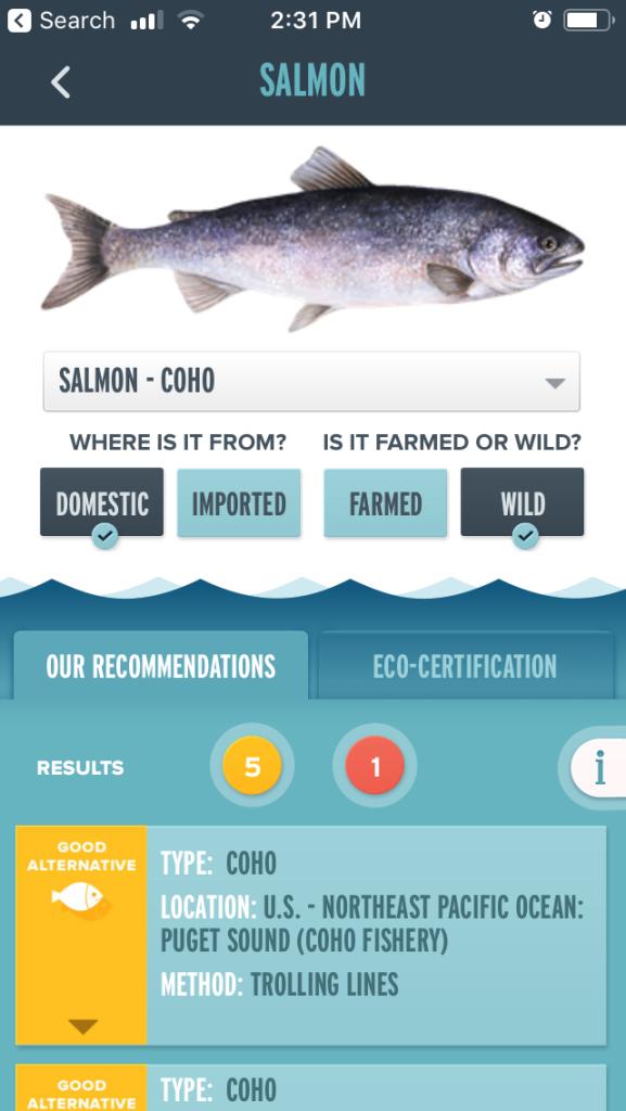 A screenshot from the Monterey Bay Aquarium Seafood Watch app shows their recommendations for domestic wild-caught salmon, with a photo of a coho salmon.