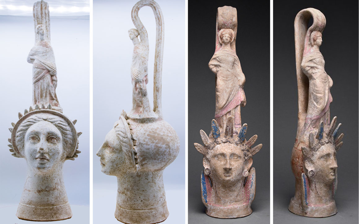 Portrait and side profile of Greek Canosan funerary vessel, decorated with two female figures, next to portrait and side profile of a comparative work.