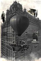 The transformed classroom includes students riding in a car attached to a hot air balloon and a dirigible. 