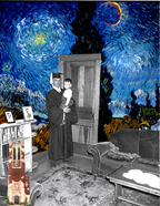 A father in his graduation gown holds his son their living room. The walls are a van Gogh sky showing a sun and moon.