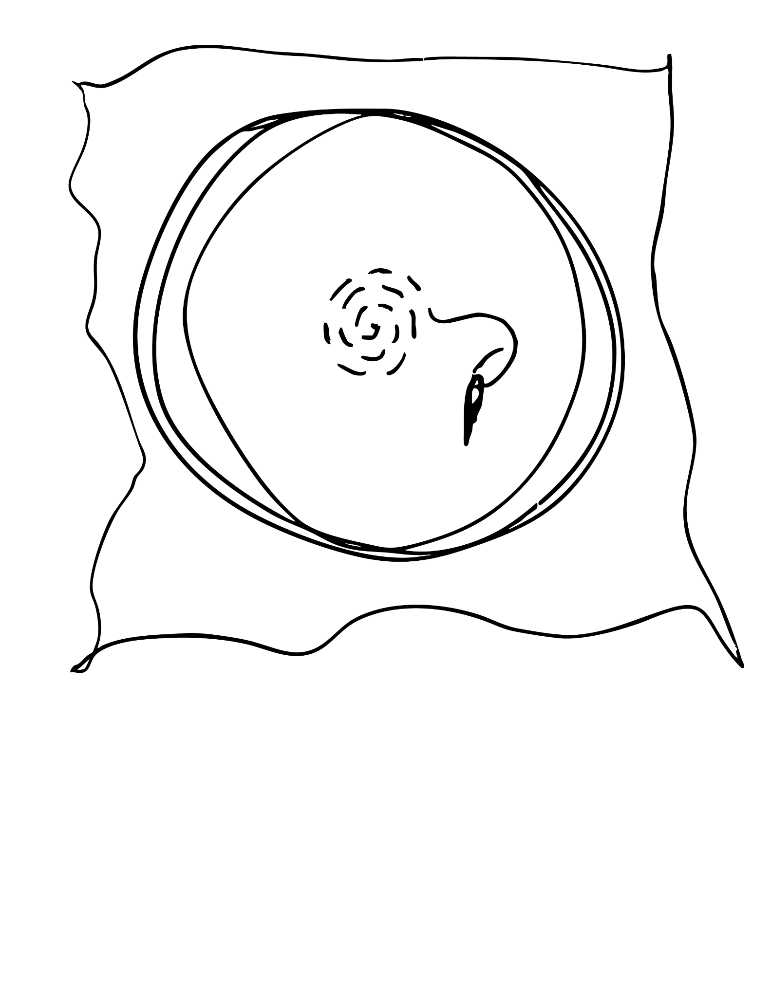 A black and white illustration of an embroidery hoop with fabric in it and thread sewn in a coil.