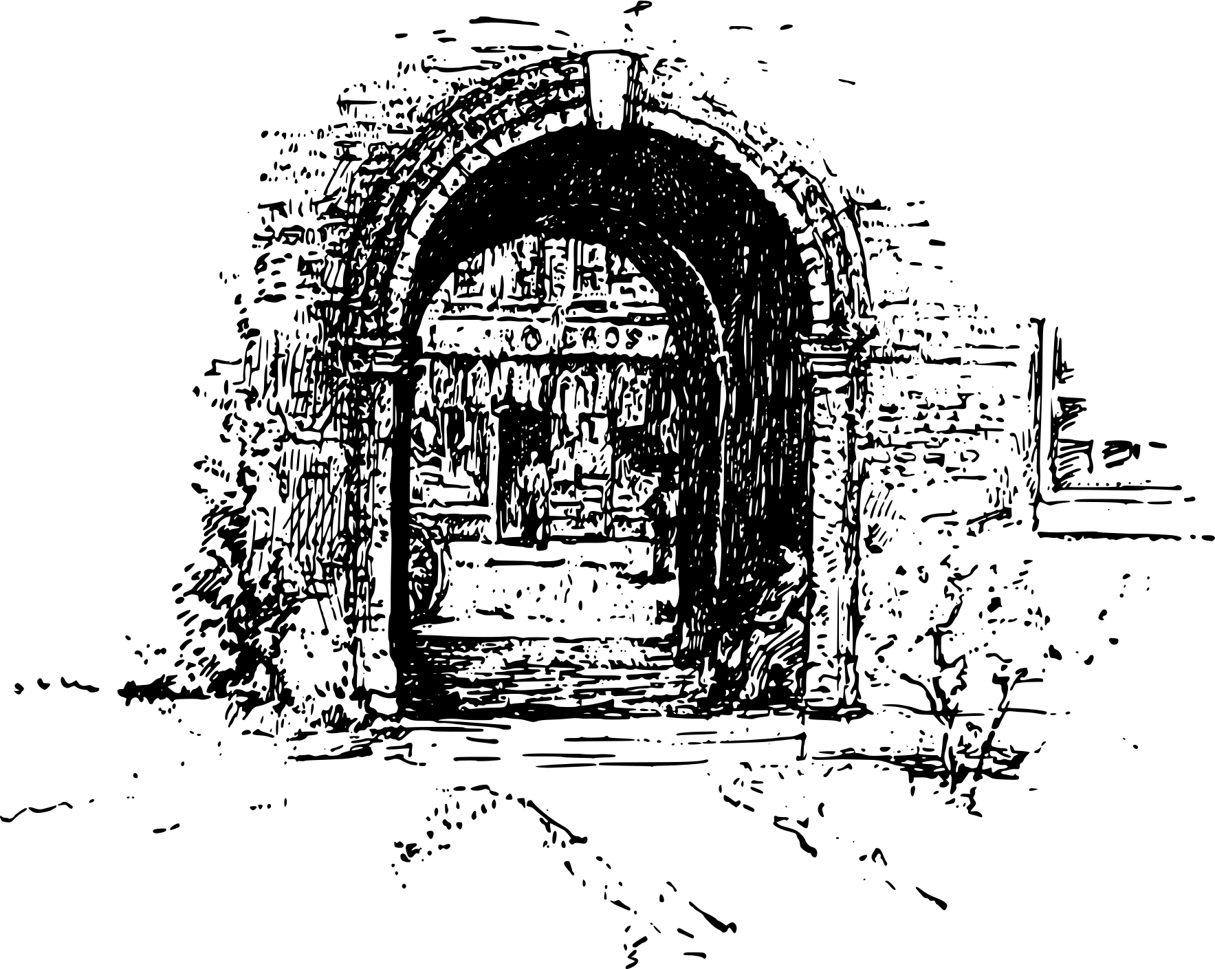 An illustration of a gate leading to a courtyard.